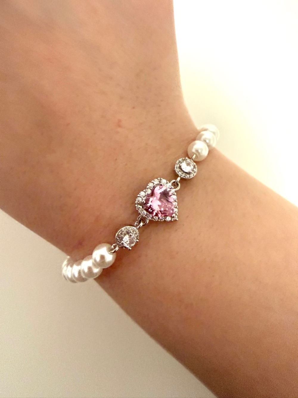 Silver Pearl Bracelet with Pink Heart Crystal Accent